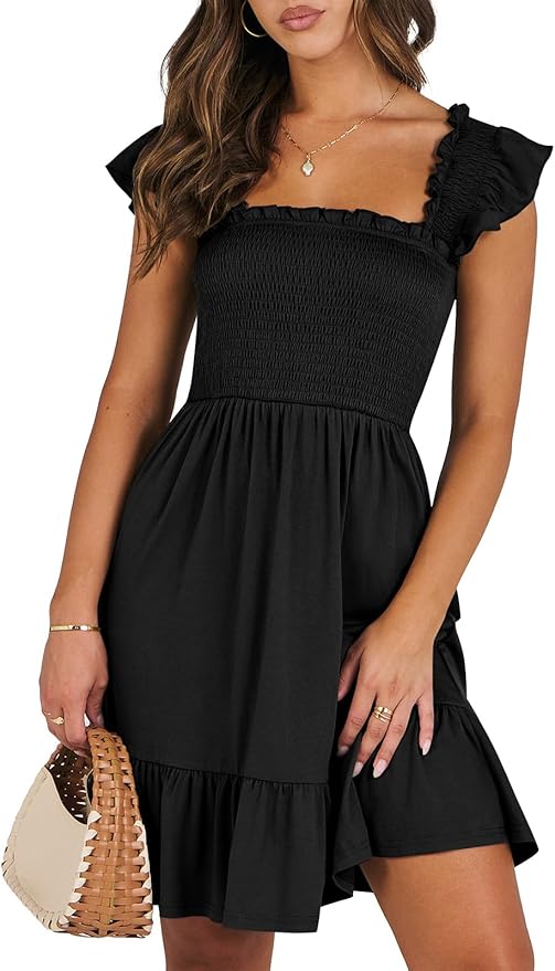 Vestido corto de verano para mujer, casual, sin mangas, cuello cuadrado, fruncido